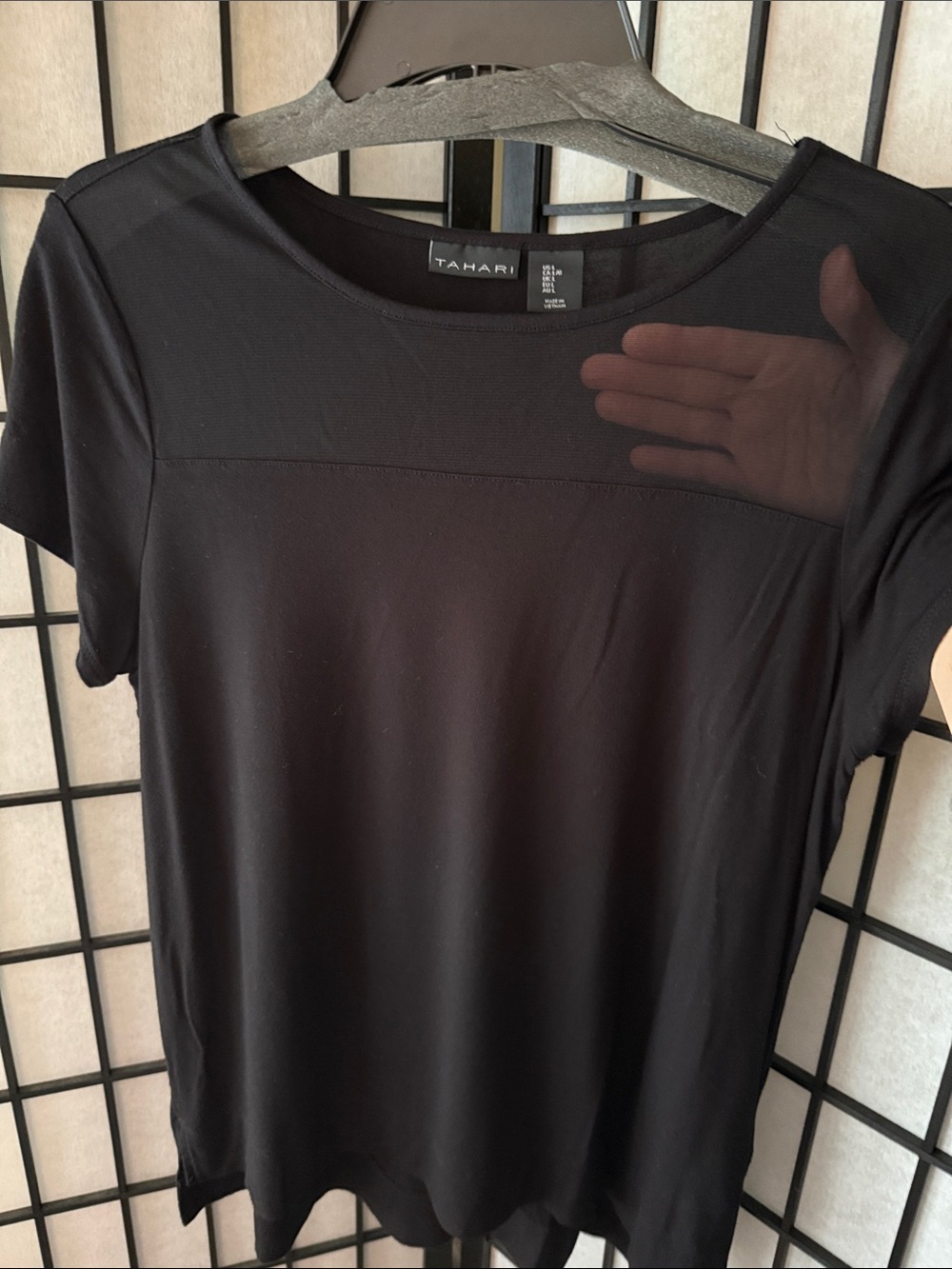 Tahari Mesh Panel Black Short-Sleeve Crewneck Top